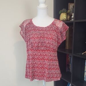 AVA & GRACE Red Black Gray Metallic Chevron Empire Waist Short Sleeve Top